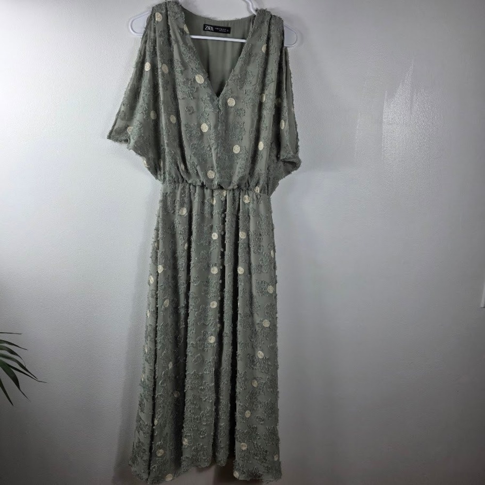 Zara Olive Green Polka Dot Maxi Dress XS Bohemian Maxi Dress